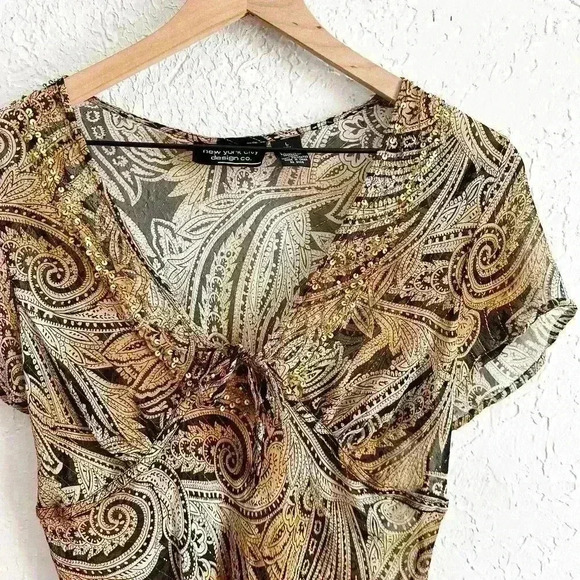 Sheer silk blend‎ tie front bohemian style beaded top size Large - Picture 2 of 8
